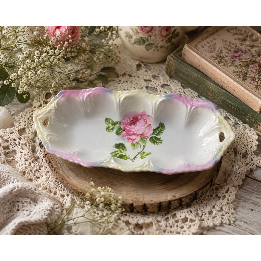 Antique Elfinware Germany Porcelain Pink Rose Floral Trinket Dish Cottagecore
